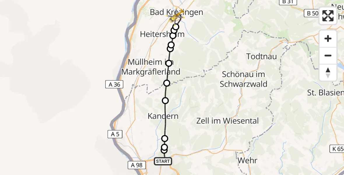 Flugroute Rettungshubschrauber Lörrach - Bad Krozingen, 10 Mai 2026, 19:12