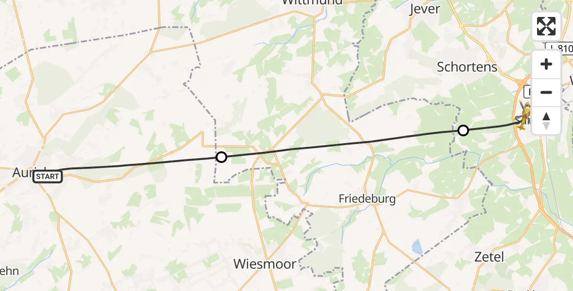 Flugroute Rettungshubschrauber Aurich - Sande, 10 Mai 2026, 19:24