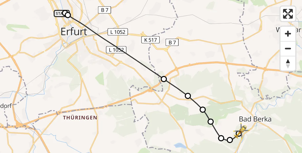Flugroute Ambulanzhubschrauber Helios Clinic Erfurt - DRF Rettungsstation Bad Berka Hubschrauberlandeplatz, 10 Mai 2026, 19:30