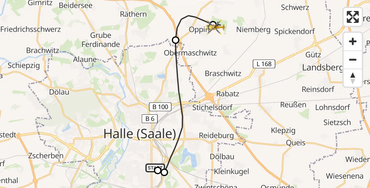 Flugroute Rettungshubschrauber BG Hospital Bergmannstrost Halle - Halle-Oppin Flugplatz, 10 Mai 2026, 19:39