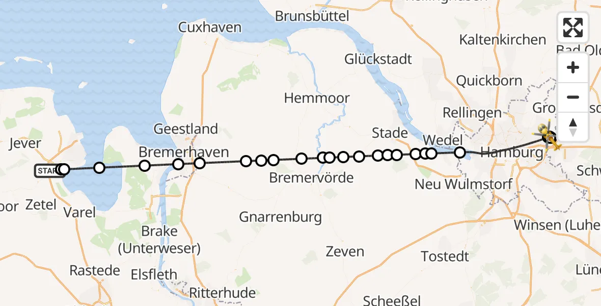 Flugroute Rettungshubschrauber Sande - Wilhelmstift Catholic Children's Hospital, 10 Mai 2026, 19:42