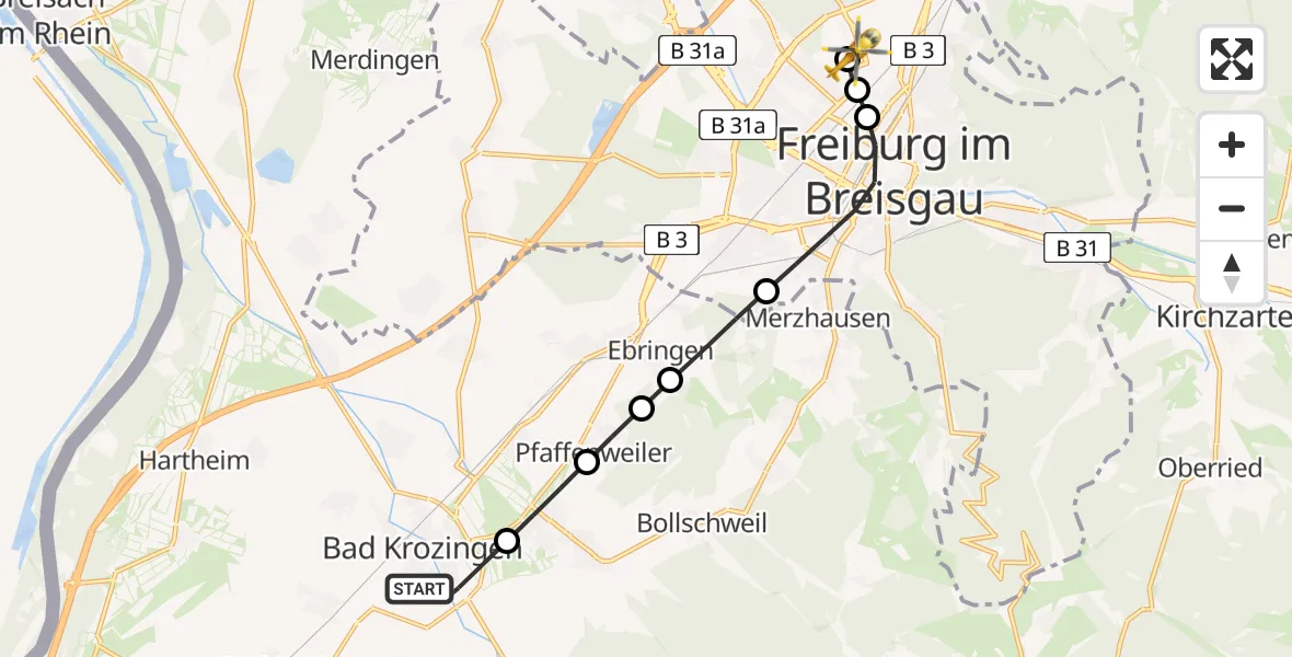Flugroute Rettungshubschrauber Bad Krozingen - Freiburg im Breisgau Flugplatz, 10 Mai 2026, 19:47