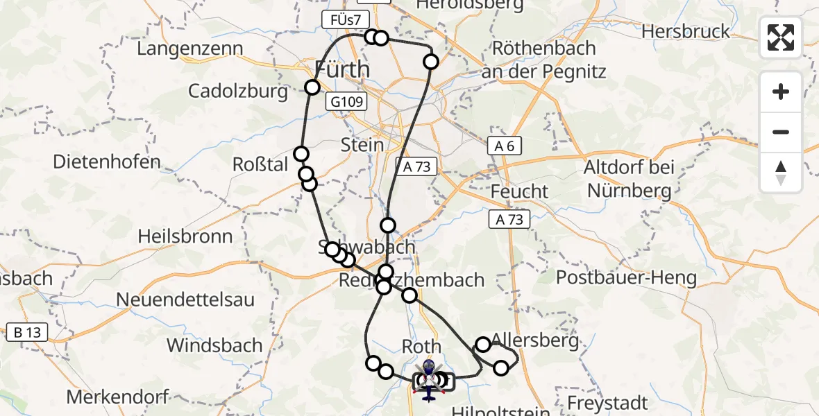 Flugroute Polizeihubschrauber Flugplatz Roth - Flugplatz Roth, 10 Mai 2026, 20:03
