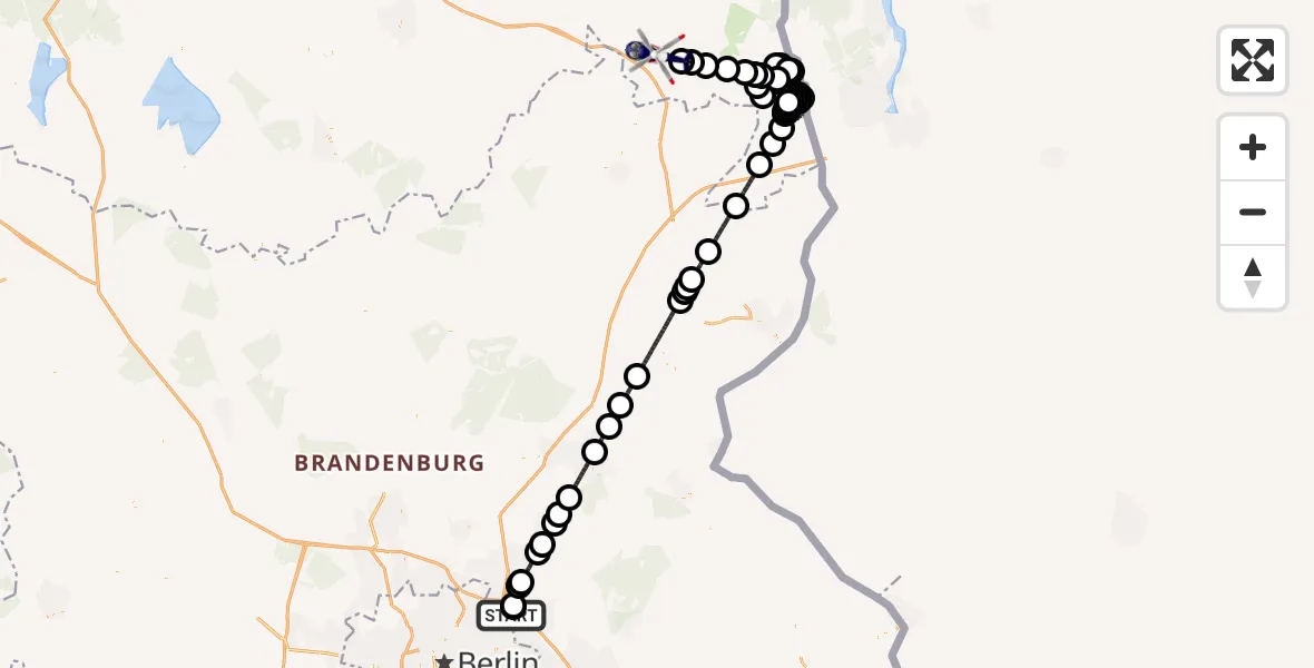 Flugroute Polizeihubschrauber Ahrensfelde Hubschrauberlandeplatz - Pasewalk, 10 Mai 2026, 20:04