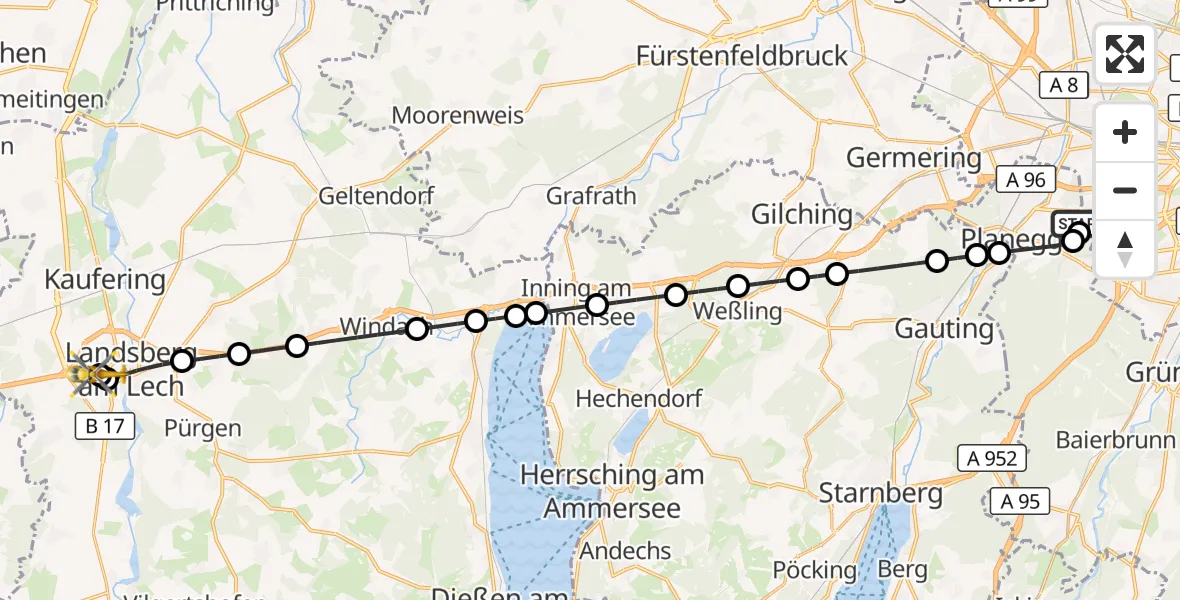 Flugroute Rettungshubschrauber DRF Air Rescue München Hubschrauberlandeplatz - Landsberg am Lech Hospital, 10 Mai 2026, 20:54