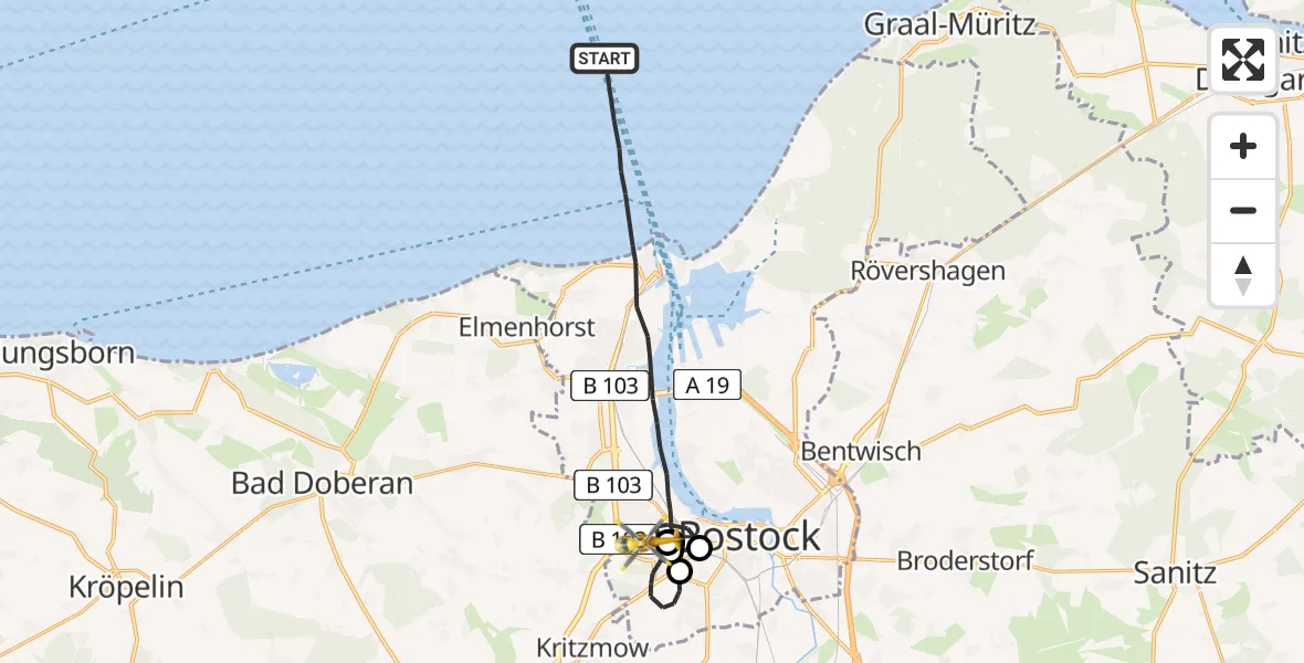Flugroute Ambulanzhubschrauber Rostock - Rostock, 10 Mai 2026, 21:08