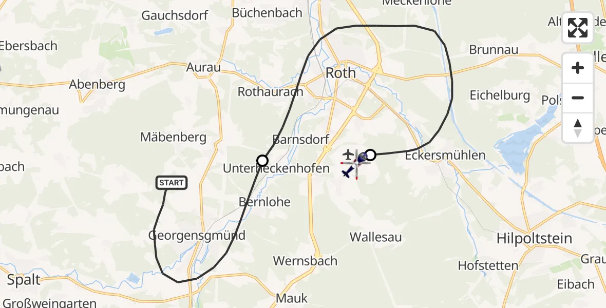 Flugroute Polizeihubschrauber Georgensgmünd - Flugplatz Roth, 10 Mai 2026, 21:11