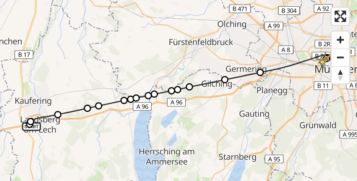 Flugroute Rettungshubschrauber Landsberg am Lech Hospital - Deutsches Herzzentrum München, 10 Mai 2026, 21:30
