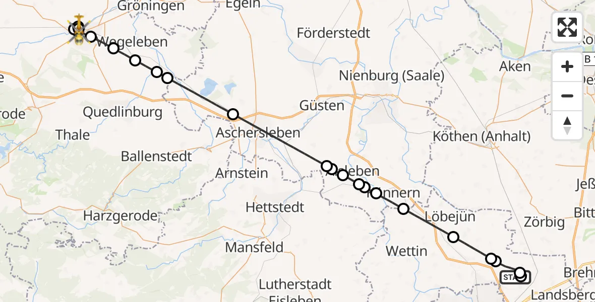 Flugroute Rettungshubschrauber Halle-Oppin Flugplatz - AMEOS Hospital Sankt Salvator Halberstadt, 10 Mai 2026, 21:52