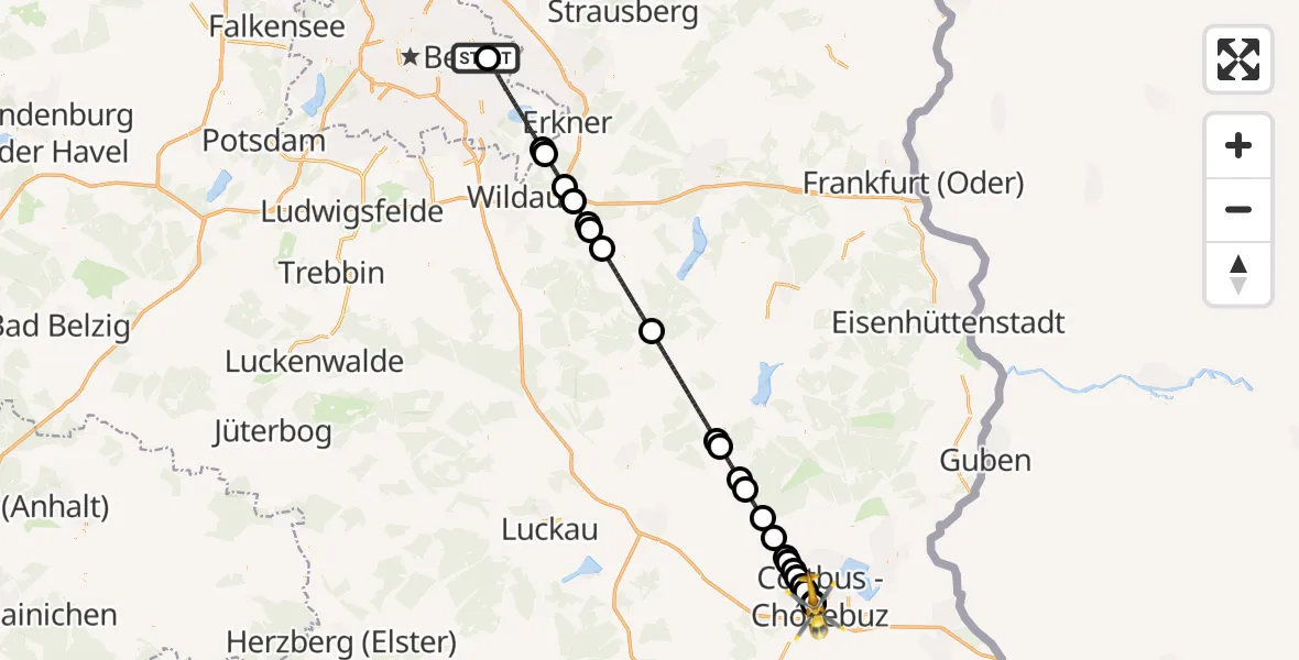 Flugroute Ambulanzhubschrauber Berlin Emergency Hospital - Carl Thien Hospital Cottbus, 10 Mai 2026, 21:52