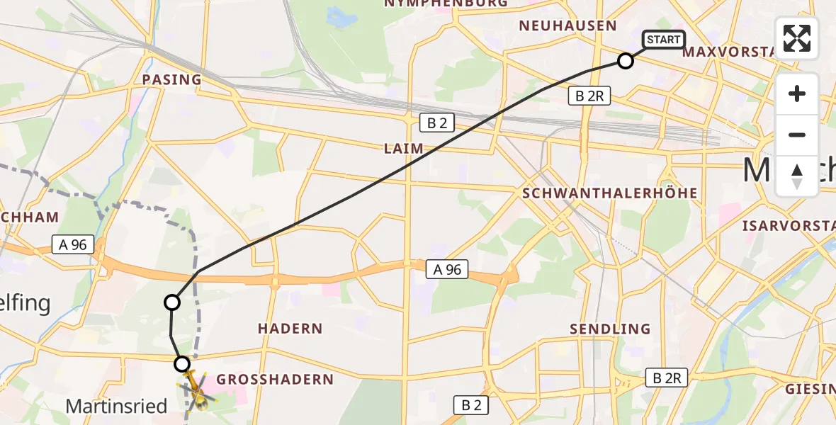 Flugroute Rettungshubschrauber Deutsches Herzzentrum München - DRF Air Rescue München Hubschrauberlandeplatz, 10 Mai 2026, 22:09