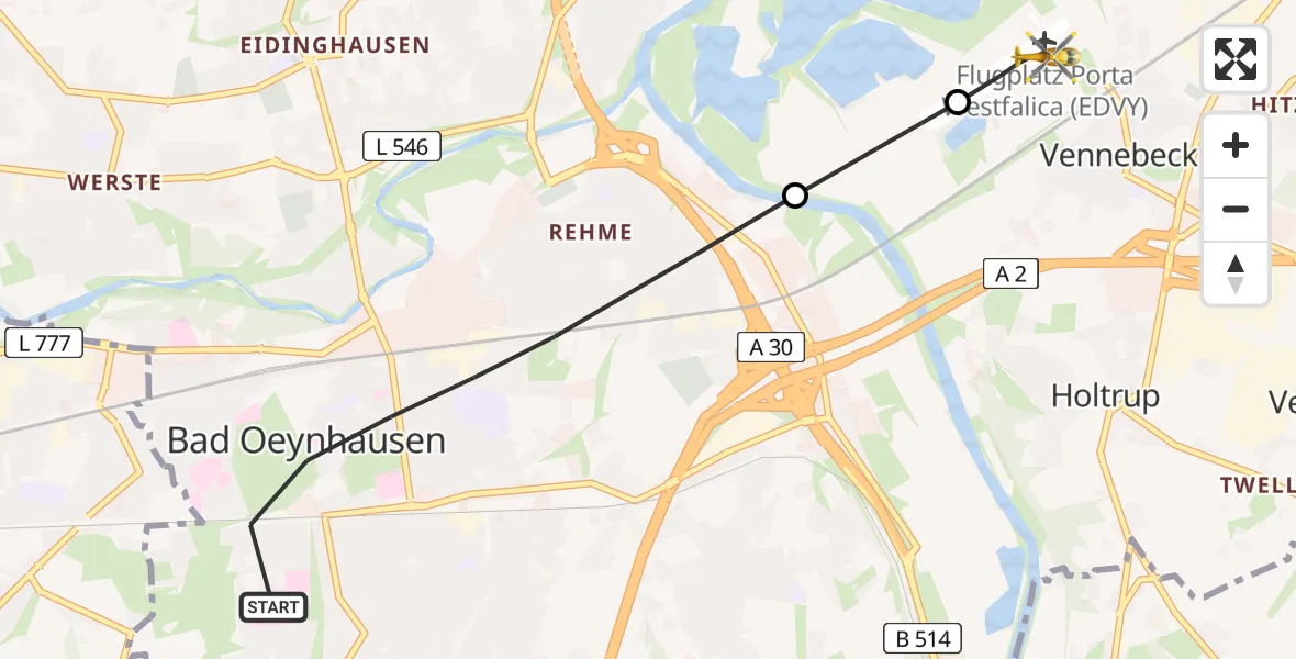 Flugroute Ambulanzhubschrauber Bad Oeynhausen - Porta Westfalica Flugplatz, 10 Mai 2026, 22:37