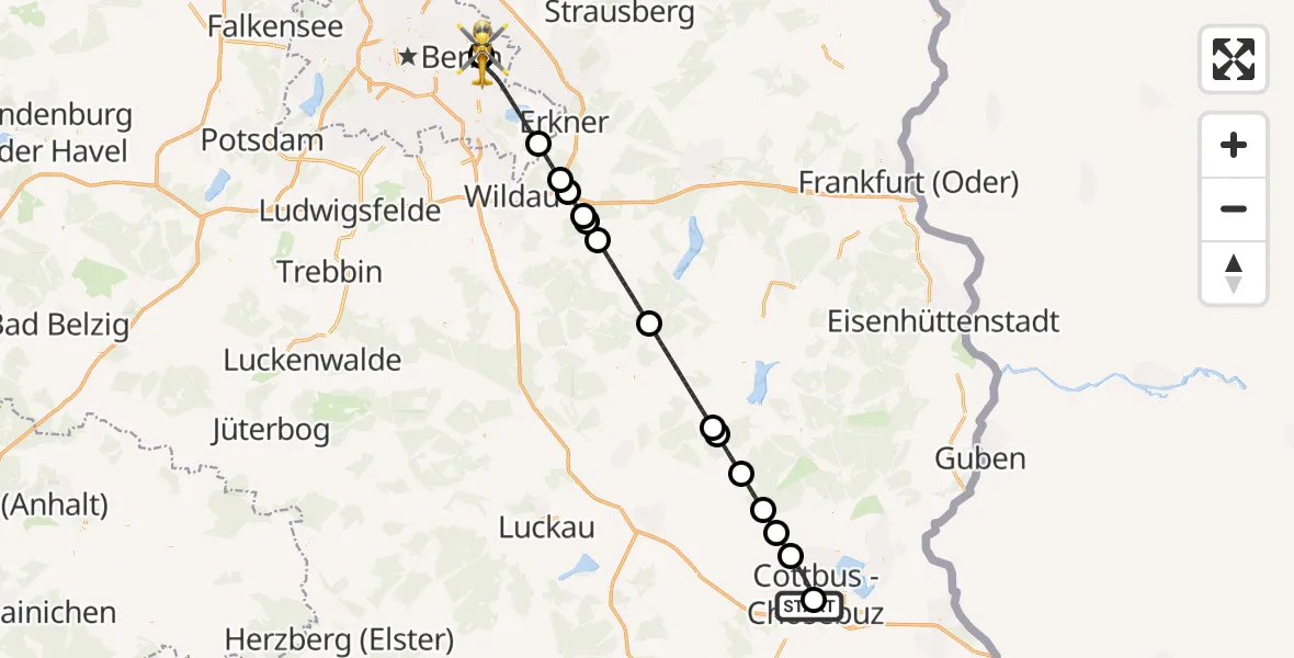 Flugroute Ambulanzhubschrauber Carl Thien Hospital Cottbus - Berlin Emergency Hospital, 10 Mai 2026, 22:39