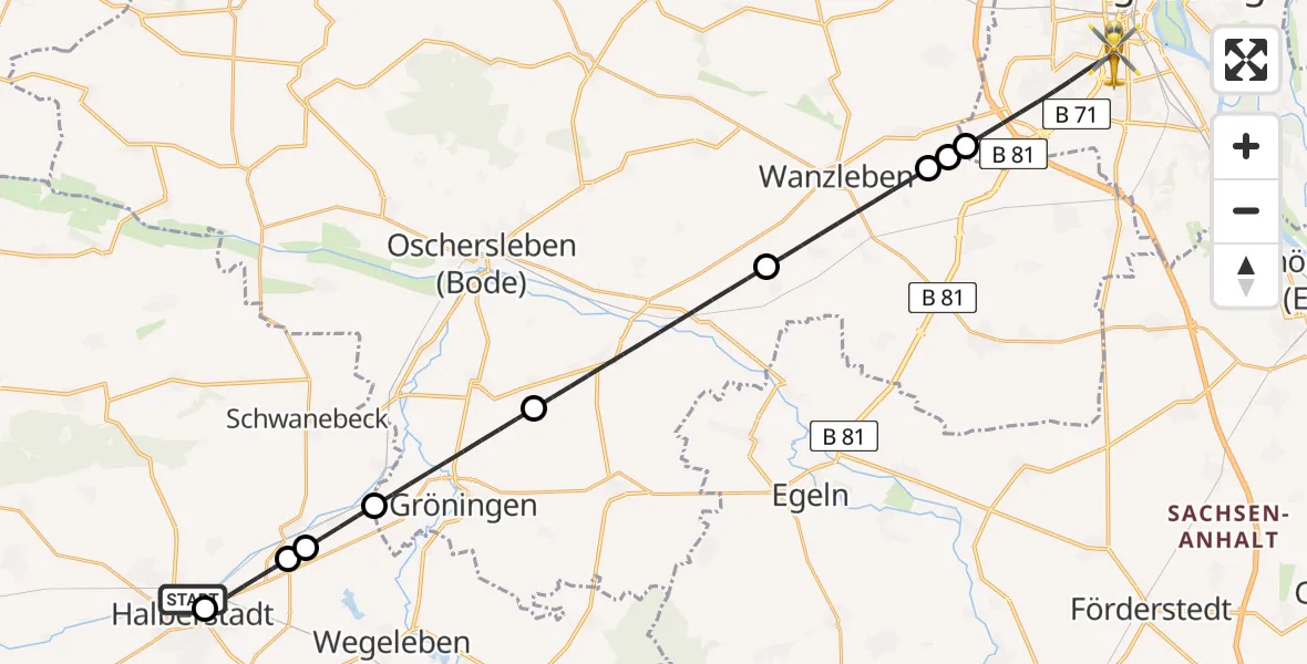 Flugroute Rettungshubschrauber AMEOS Hospital Sankt Salvator Halberstadt - Magdeburg, 10 Mai 2026, 22:49