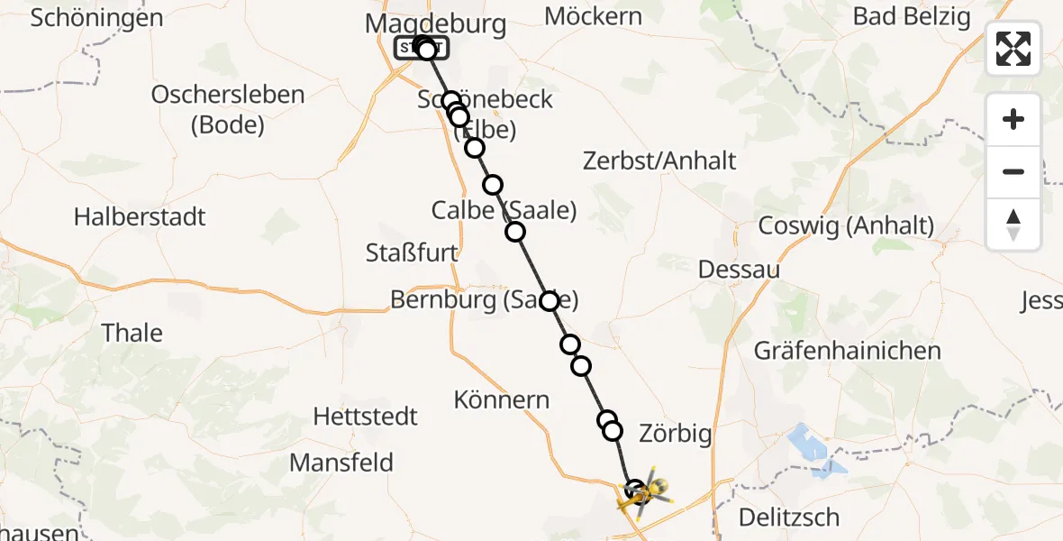 Flugroute Rettungshubschrauber Magdeburg - Halle-Oppin Flugplatz, 10 Mai 2026, 23:37