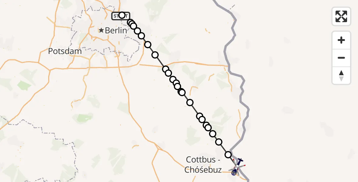 Flugroute Polizeihubschrauber Ahrensfelde Hubschrauberlandeplatz - Forst (Lausitz), 11 Mai 2026, 00:43