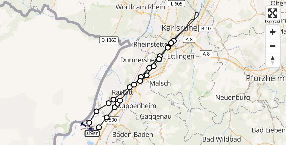 Flugroute Polizeihubschrauber Sinzheim - Karlsruhe Baden-Baden Flughafen, 11 Mai 2026, 02:43