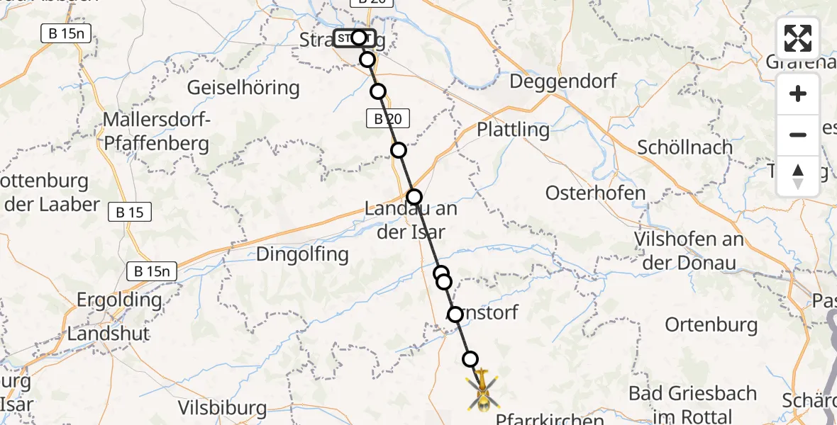 Flugroute Rettungshubschrauber Sankt Elisabeth Hospital Straubing - Hebertsfelden, 11 Mai 2026, 05:13