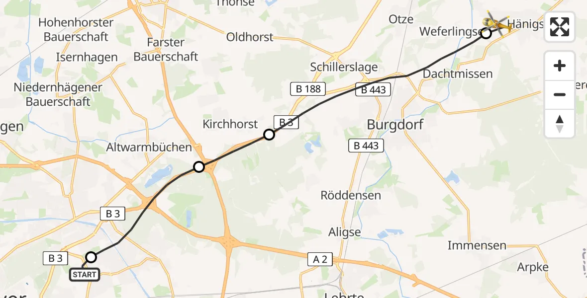 Flugroute Rettungshubschrauber Hannover Luftrettung Hubschrauberlandeplatz (Christoph 4) - Uetze, 11 Mai 2026, 05:41