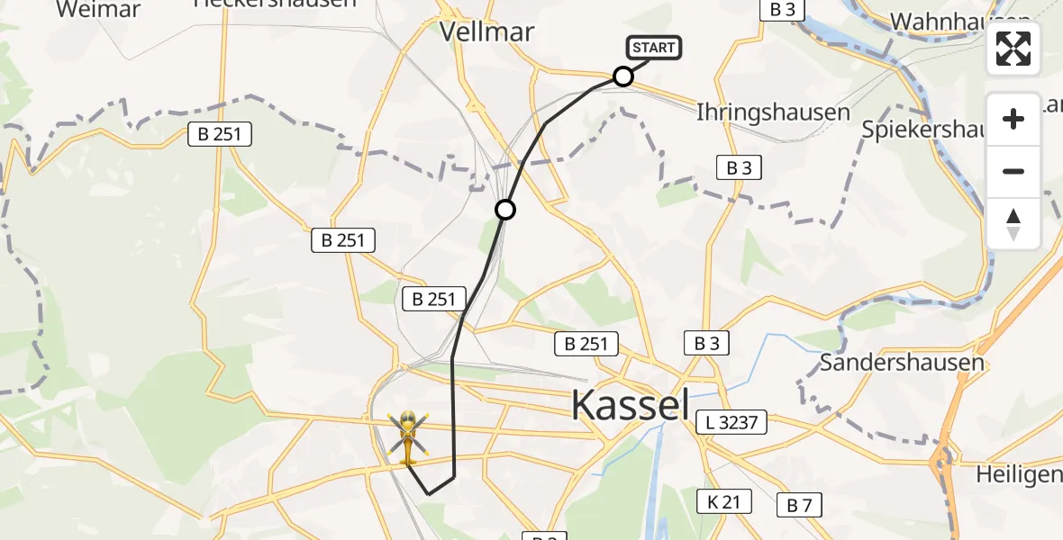 Flugroute Rettungshubschrauber Fuldatal Bundespolizei Hubschrauberlandeplatz - Kassel, 11 Mai 2026, 05:46