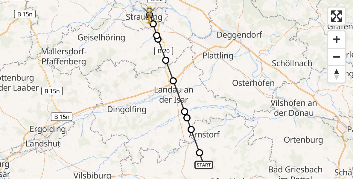 Flugroute Rettungshubschrauber Schönau - Sankt Elisabeth Hospital Straubing, 11 Mai 2026, 05:47