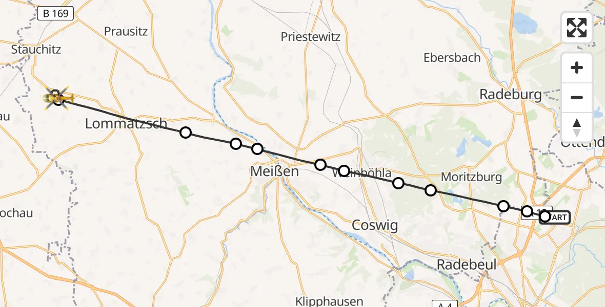 Flugroute Rettungshubschrauber Dresden Bundespolizei Hubschrauberlandeplatz - Stauchitz, 11 Mai 2026, 05:56