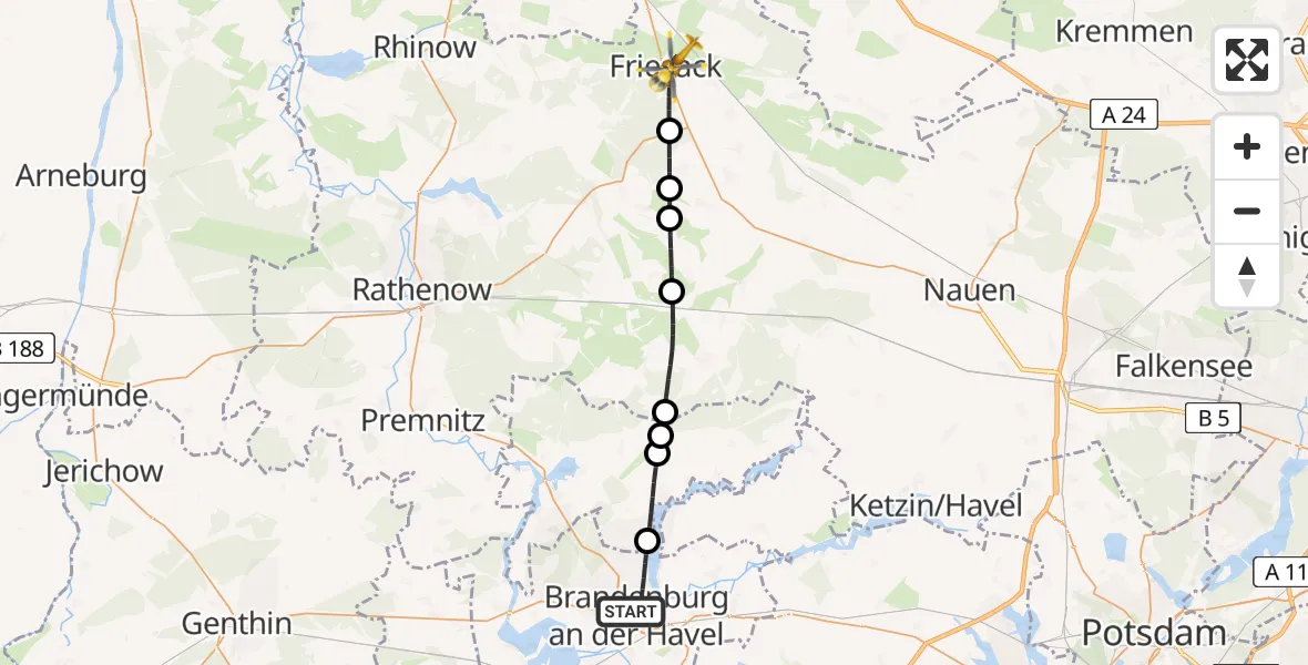 Flugroute Rettungshubschrauber Brandenburg an der Havel - Friesack, 11 Mai 2026, 06:06