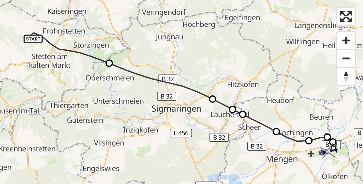 Flugroute Polizeihubschrauber Stetten am kalten Markt - Mengen-Hohentengen Flugplatz, 11 Mai 2026, 06:18