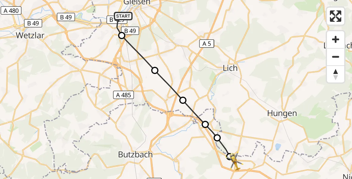Flugroute Rettungshubschrauber Gießen - Wölfersheim, 11 Mai 2026, 06:23