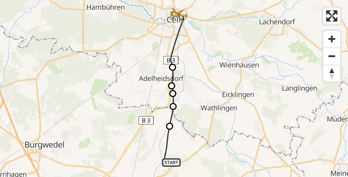 Flugroute Rettungshubschrauber Uetze - Celle, 11 Mai 2026, 06:26