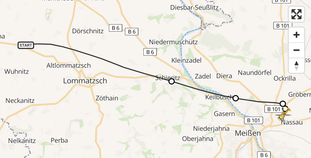 Flugroute Rettungshubschrauber Lommatzsch - Meißen, 11 Mai 2026, 06:45