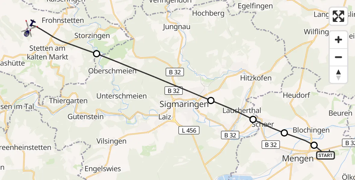 Flugroute Polizeihubschrauber Mengen-Hohentengen Flugplatz - Stetten am kalten Markt, 11 Mai 2026, 06:47