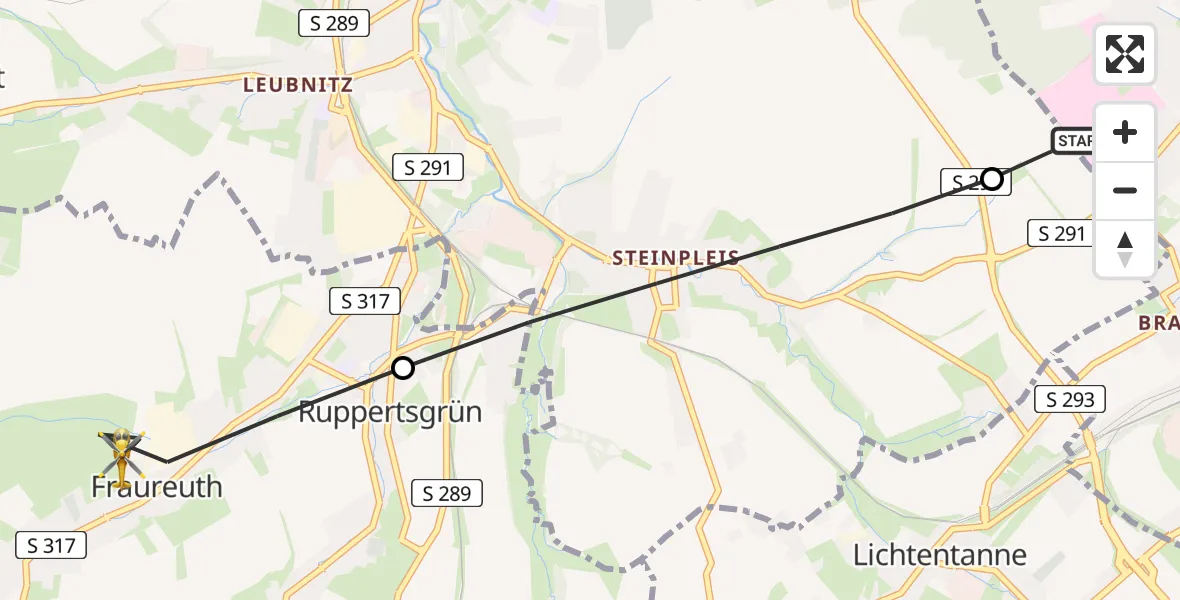 Flugroute Rettungshubschrauber ADAC Air Rescue Station Zwickau Hubschrauberlandeplatz - Fraureuth, 11 Mai 2026, 06:49