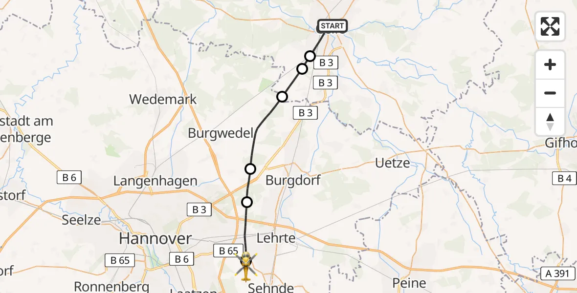 Flugroute Rettungshubschrauber Celle - Sehnde, 11 Mai 2026, 07:07