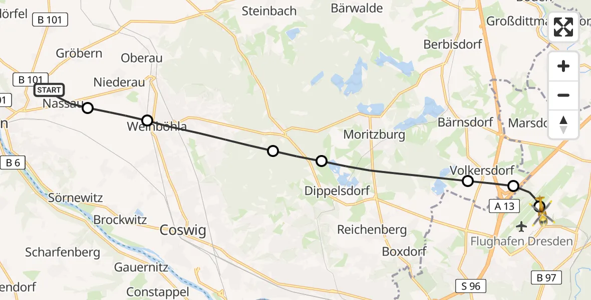Flugroute Rettungshubschrauber Meißen - Dresden Bundespolizei Hubschrauberlandeplatz, 11 Mai 2026, 07:23