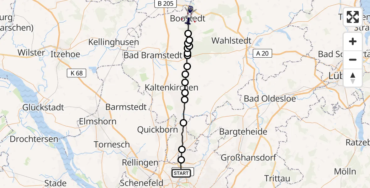 Flugroute Polizeihubschrauber Hamburg Helmut Schmidt Flughafen - Boostedt, 11 Mai 2026, 07:30