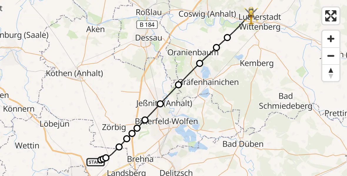 Flugroute Rettungshubschrauber Halle-Oppin Flugplatz - Wittenberg, 11 Mai 2026, 07:30