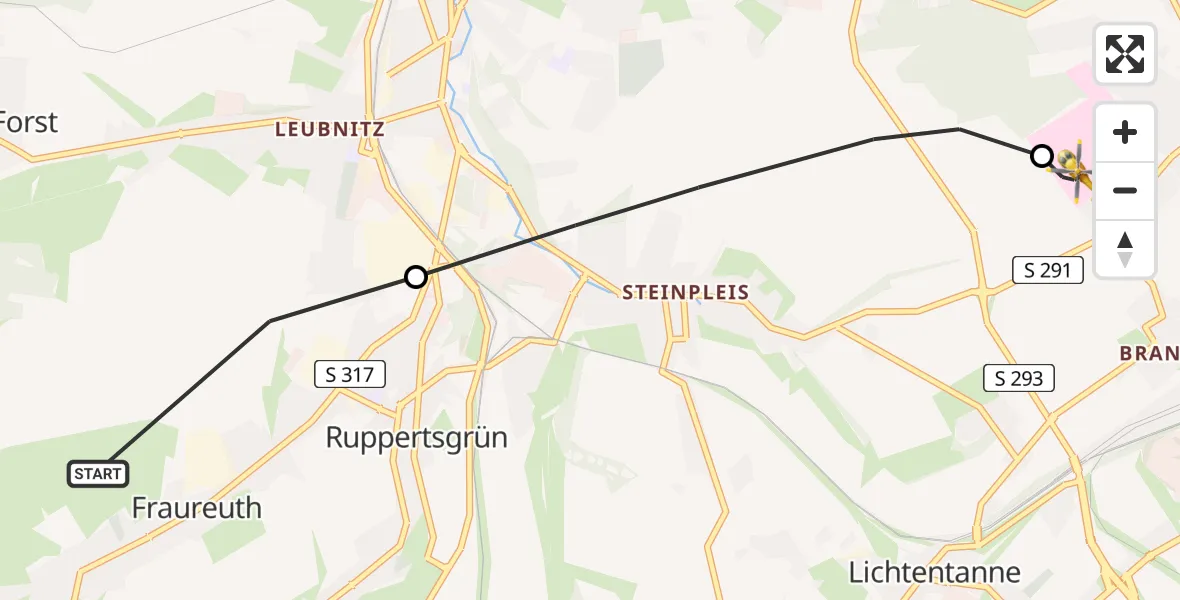 Flugroute Rettungshubschrauber Fraureuth - ADAC Air Rescue Station Zwickau Hubschrauberlandeplatz, 11 Mai 2026, 07:36