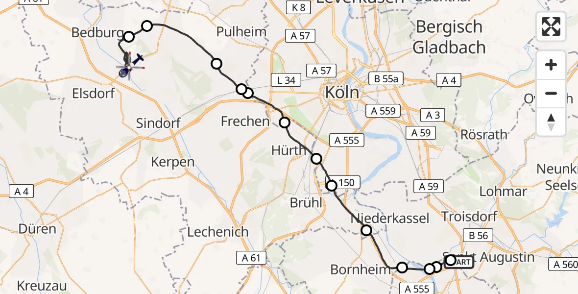 Flugroute Polizeihubschrauber Sankt Augustin - Bergheim, 11 Mai 2026, 07:50