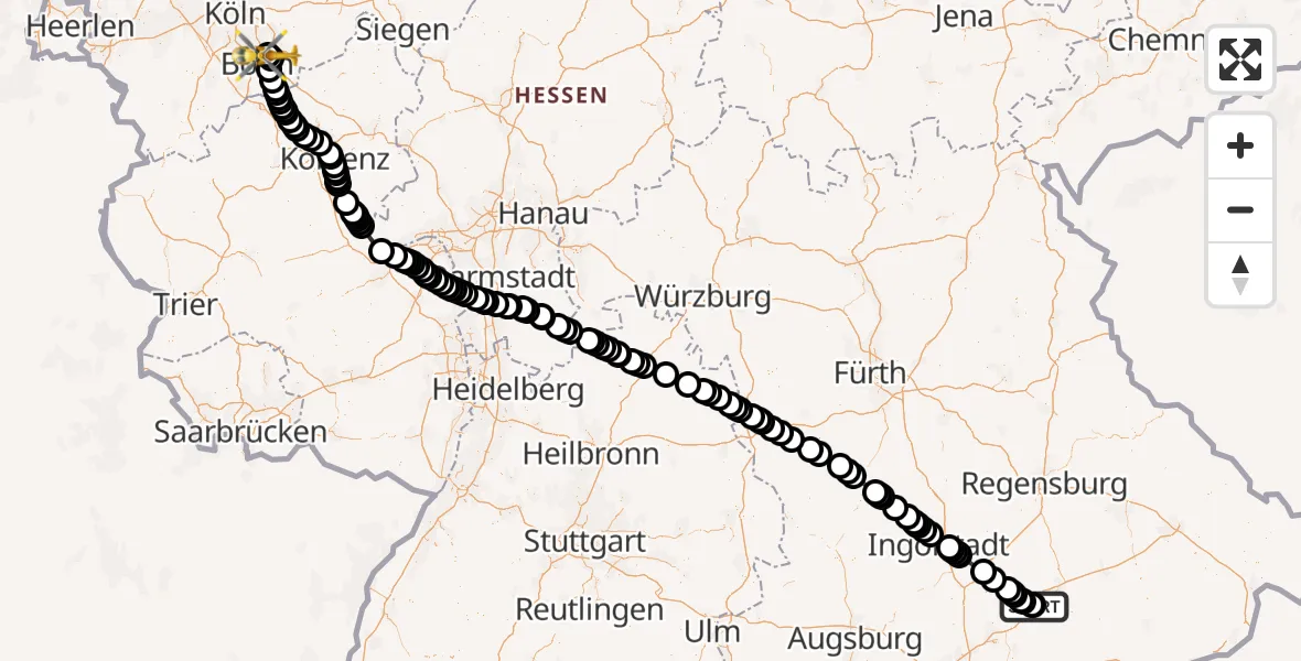 Flugroute Rettungshubschrauber Landshut Flugplatz - Bonn-Hangelar Flugplatz, 11 Mai 2026, 07:57