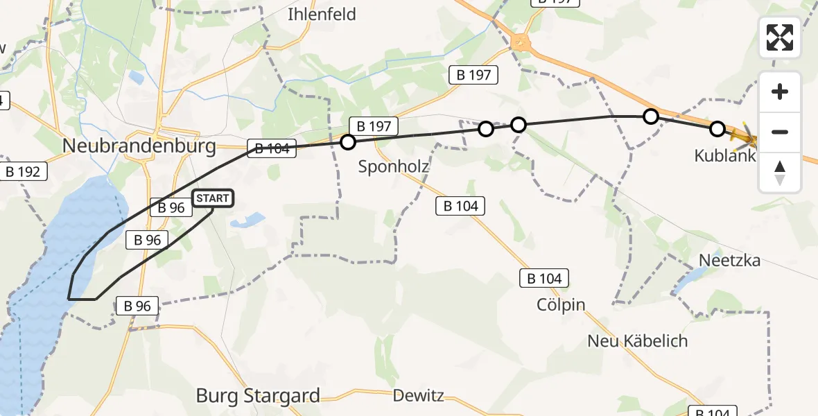 Flugroute Rettungshubschrauber Neubrandenburg - Kublank, 11 Mai 2026, 08:05