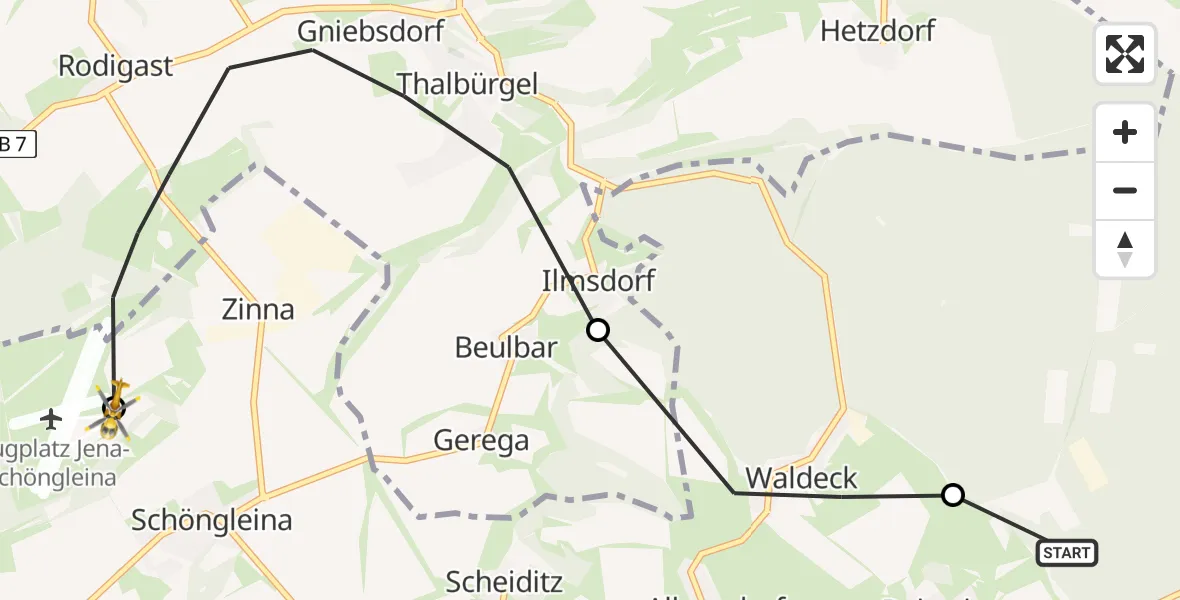 Flugroute Rettungshubschrauber Bobeck - Jena-Schöngleina Flugplatz, 11 Mai 2026, 08:14