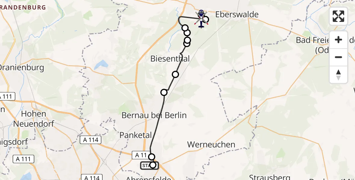 Flugroute Polizeihubschrauber Ahrensfelde Hubschrauberlandeplatz - Eberswalde-Finow Flugplatz, 11 Mai 2026, 08:37