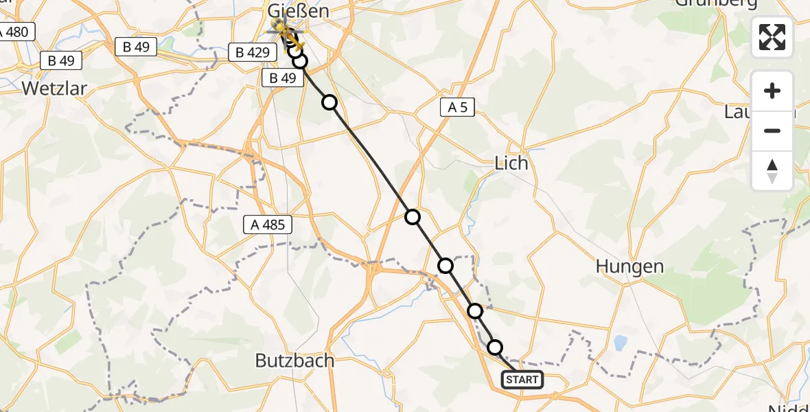 Flugroute Rettungshubschrauber Wölfersheim - Gießen University Hospital, 11 Mai 2026, 08:40
