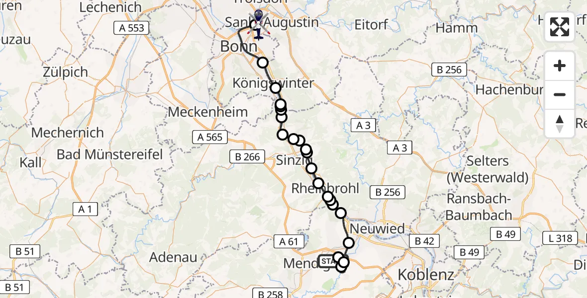 Flugroute Polizeihubschrauber Kruft - Sankt Augustin, 11 Mai 2026, 08:41