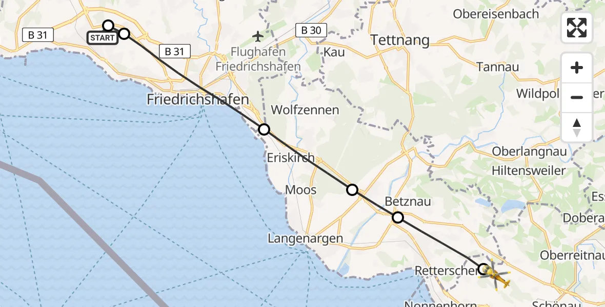 Flugroute Rettungshubschrauber Friedrichshafen Hospital - Wasserburg (Bodensee), 11 Mai 2026, 08:43