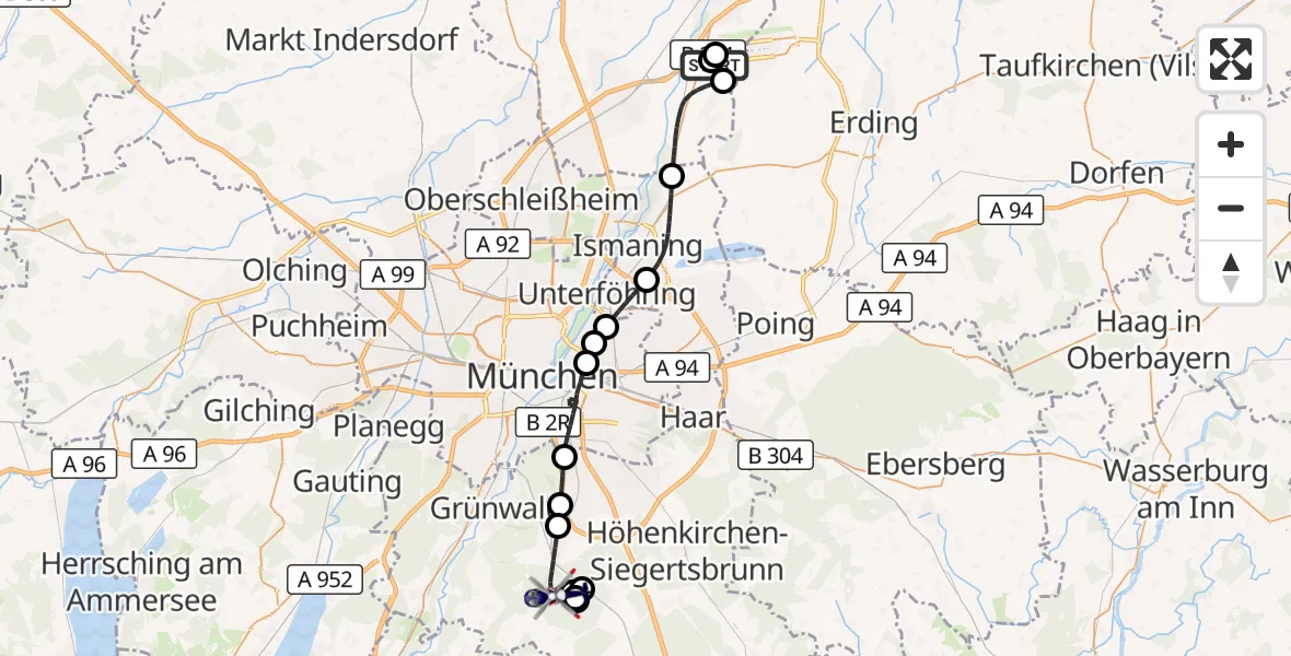 Flugroute Polizeihubschrauber München Flughafen - Oberhaching, 11 Mai 2026, 08:52