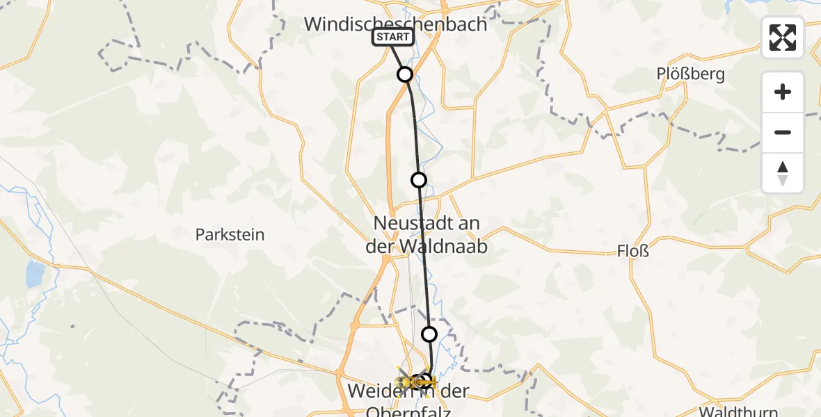 Flugroute Rettungshubschrauber Windischeschenbach - Weiden Hospital, 11 Mai 2026, 08:54