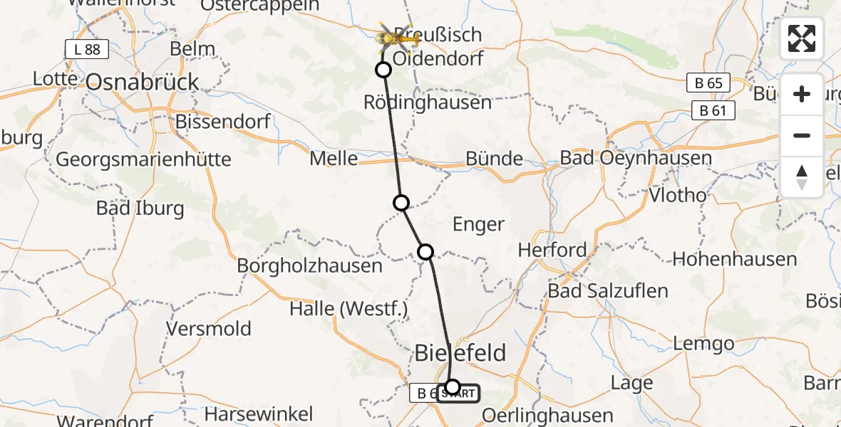 Flugroute Rettungshubschrauber Luftrettungszentrum Bielefeld - Bad Essen, 11 Mai 2026, 08:58