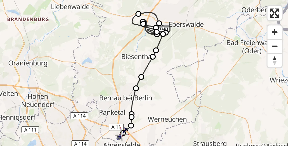 Flugroute Polizeihubschrauber Eberswalde - Ahrensfelde Hubschrauberlandeplatz, 11 Mai 2026, 09:11